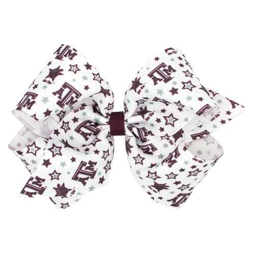 Texas A&M hair bow featuring a white ribbon with maroon stars and Texas A&M logos, accented by a maroon center wrap. Stylish accessory for game days and spirit events.