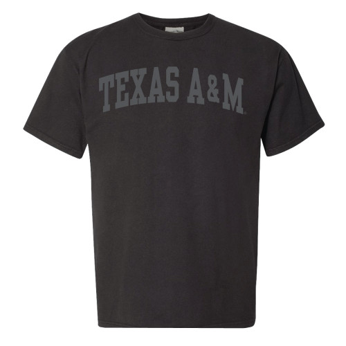 Black Texas A&M T-shirt featuring tonal arched "Texas A&M" lettering across the chest. Classic short-sleeve tee with a subtle monochromatic Aggie design.