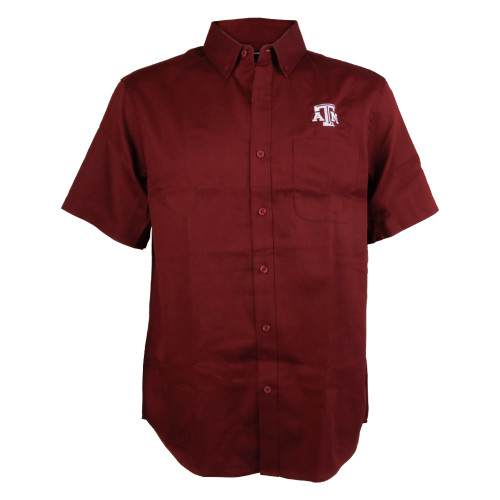 Maroon Texas A&M twill short sleeve button-down shirt featuring an embroidered white Texas A&M logo on the left chest pocket and a classic button-down collar.