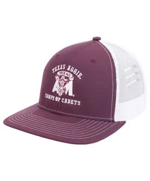 Texas Aggie Corps of Cadets trucker cap featuring a maroon front, white mesh back, and a vintage-style white Corps of Cadets graphic on the front panel.