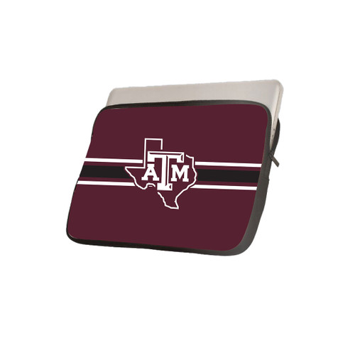 Texas A&M 13-inch laptop sleeve featuring a maroon design with a Texas outline, Texas A&M logo, and white accent stripes. Protective case for laptops and tablets.