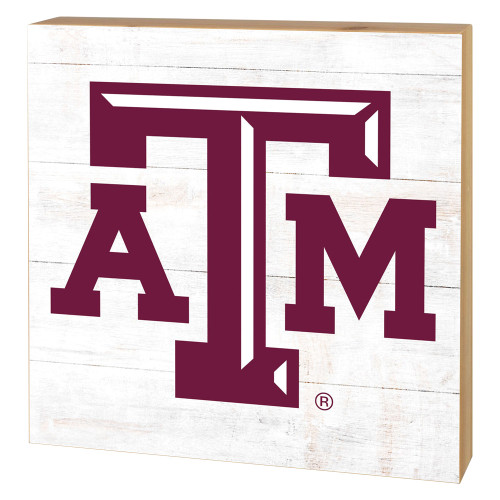 Texas A&M 5x5 shiplap sign featuring a whitewashed wood-look background with a large maroon Texas A&M logo. Compact decorative sign for home, office, or dorm décor.