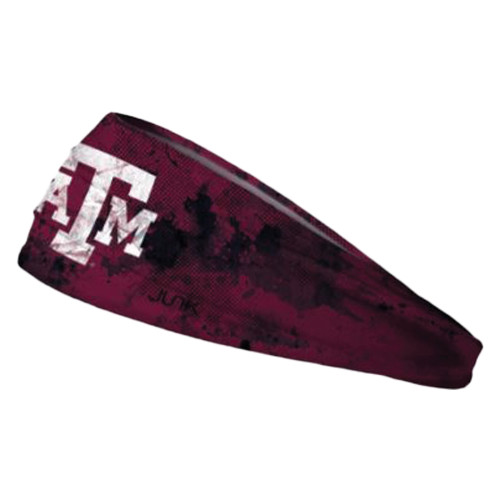 Maroon Texas A&M performance headband featuring a black distressed paint pattern and a large white Texas A&M logo. Stretch athletic headband for sports, workouts, and game days.