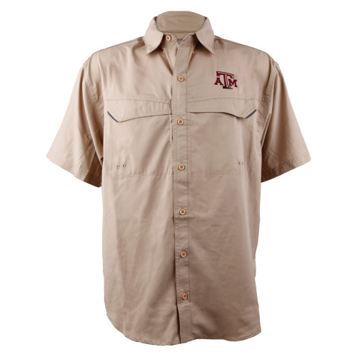Khaki colored button-up fishing shirt with a bevel maroon ATM embroidered on the left chest.