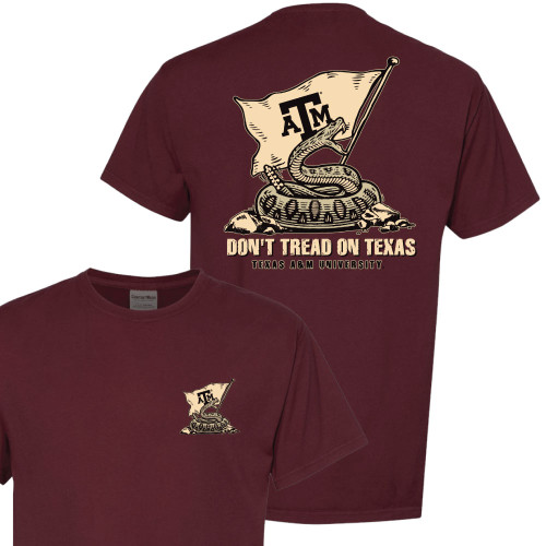 Maroon Texas A&M Aggies T shirt with rattlesnake and flag graphic on the back and small matching chest logo on the front.