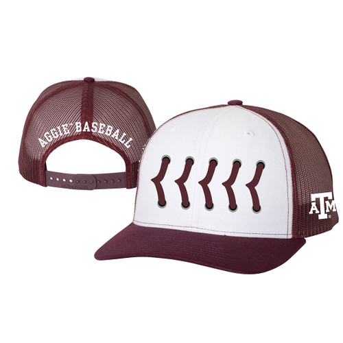 Texas A&M youth baseball trucker hat featuring a white front with raised maroon baseball stitching, maroon bill, maroon mesh back, side Texas A&M logo, and "Aggie Baseball" embroidered above the snapback closure.