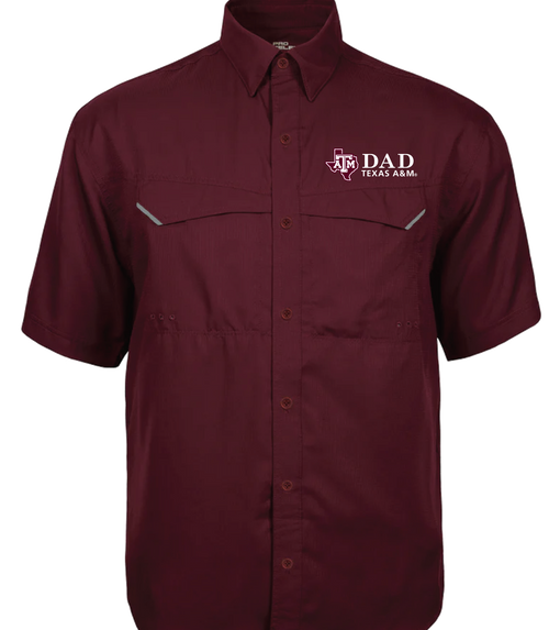 Maroon fishing shirt with "DAD" centered over "TEXAS A&M" embroidered in white, with a lonestar ATM logo embroidered in maroon and white to the left.