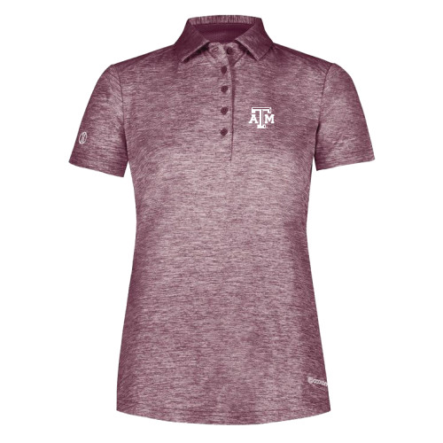 Heather maroon ladies polo with a bevel ATM logo embroidered on the left chest in white.