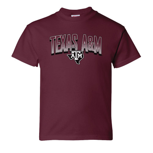 Youth maroon Texas A&M Aggies t shirt with Texas A&M lettering and ATM Texas state logo graphic