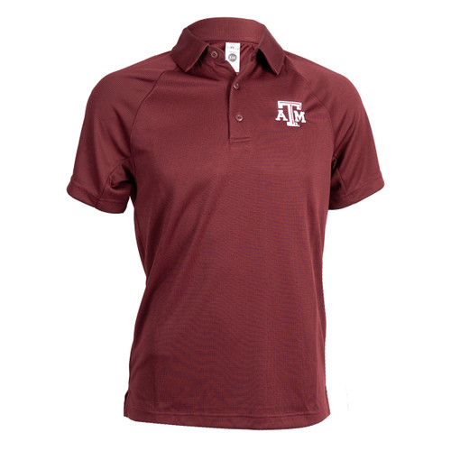 Solid maroon polo with a beveled Texas A&M logo embroidered on the left chest in white.