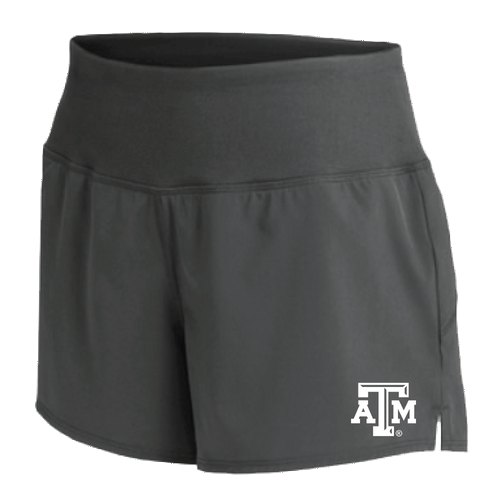 Short gray athletic shorts with a bevel ATM logo in white on the outside corner of the left thigh.