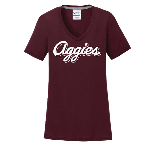 Script font "aggies" in white across the chest of a v-neck maroon short sleeve t-shirt.