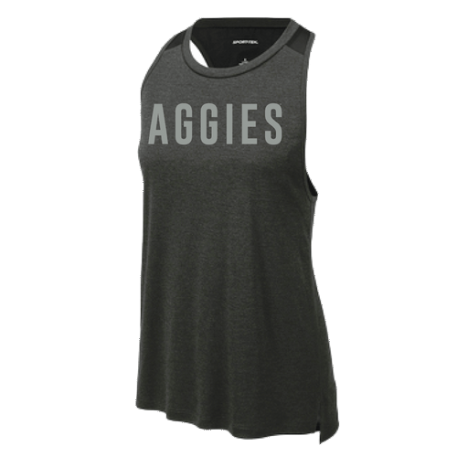 "Aggies" printed in light gray across the chest of a heather black active tank top.