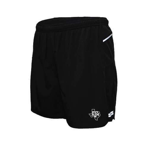 Solid black athletic shorts with a white Lonestar A&M logo printed on the bottom of the left leg.