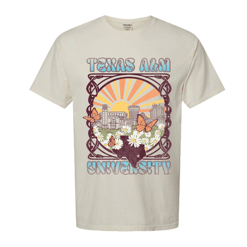 Texas A&M campus illustration with monarch butterflies and orange and yellow sunrays on a parchment t-shirt.