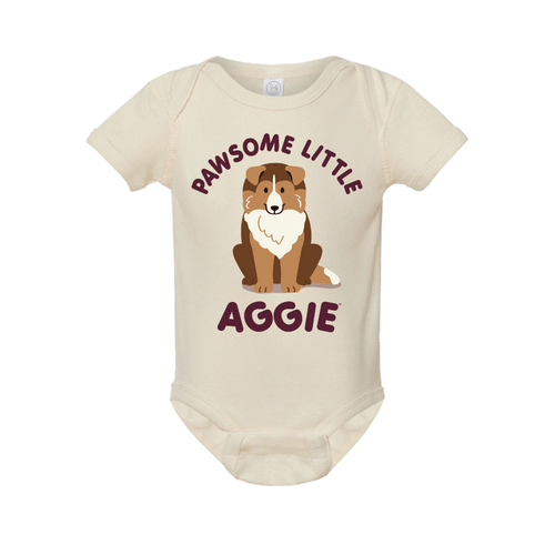 "Pawsome Little Aggie" printed in maroon around a cartoon Reveille on the front of the natural colored short sleeve onesie.