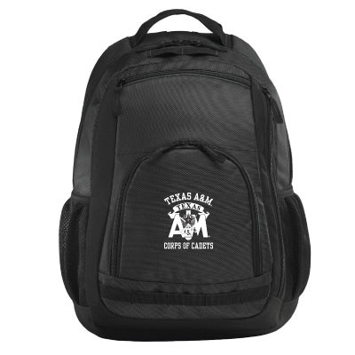 Black Texas A&M Corps of Cadets backpack featuring multiple zippered compartments, mesh side pockets, and a white Corps of Cadets logo graphic on the front pocket.
