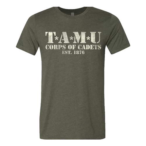 "T*A*M*U" centered over CORPS OF CADETS printed in distressed white ink on the front center of a short sleeve t-shirt in military green.