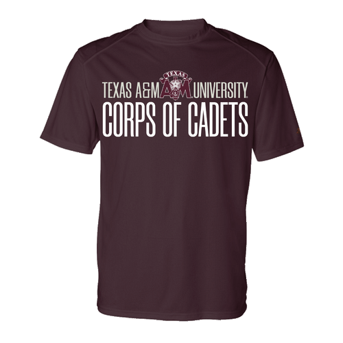 "TEXAS A&M UNIVERSITY" in off-white centered above "CORPS OF CADETS" in white on the front center of a maroon short sleeve active t-shirt.