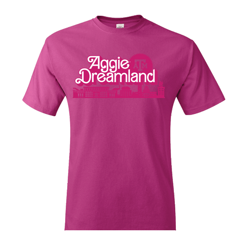 Aggie Dreamland printed across a hot pink t-shirt in "Barbie" font.