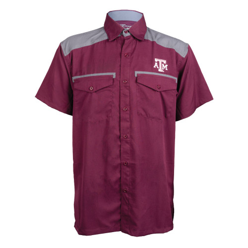 Maroon button-up fishing shirt with gray shoulders and a white ATM logo embroidered on the left chest.
