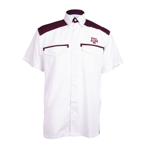 White button-up fishing shirt with maroon shoulders and an ATM embroidered in maroon on the left chest.