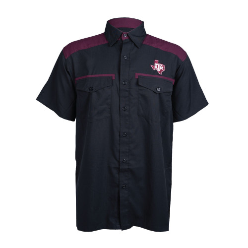 Maroon shoulders on a black button-up fishing shirt that has a maroon and white lonestar A&M logo embroidered on the left chest.