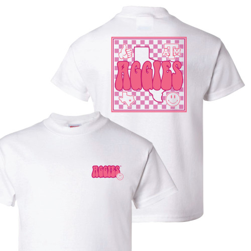 Texas A&M Aggies youth white shirt with pink retro Aggies graphic and checkered design