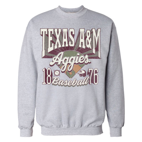 Texas A&M Aggies gray crewneck sweatshirt with vintage baseball graphic and 1876 design