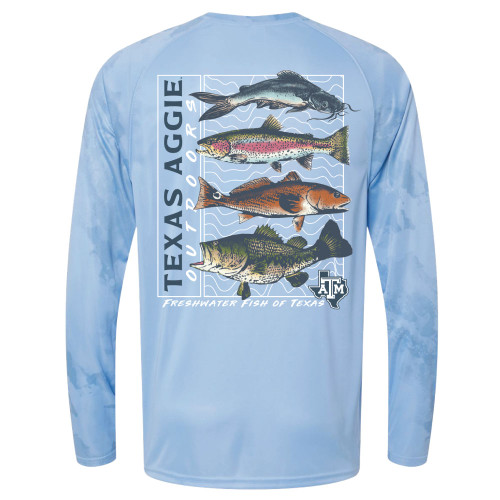 Light blue Texas A&M Aggies Outdoors performance long sleeve fishing shirt featuring freshwater fish graphics on the back, ATM Texas logo on the chest, and Texas Aggie Outdoors text down the sleeve