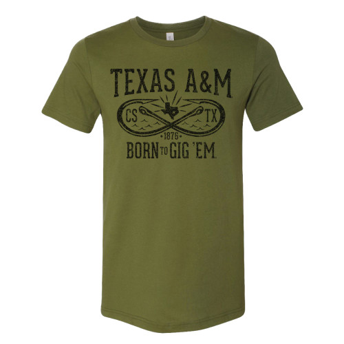Olive green t-shirt with two crossed fish hooks centered between the words "TEXAS A&M" in black on top and "BORN TO GIG 'EM" on the bottom.