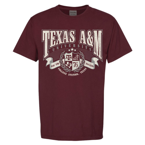 Maroon Texas A&M University t shirt featuring vintage crest design and College Station Texas details