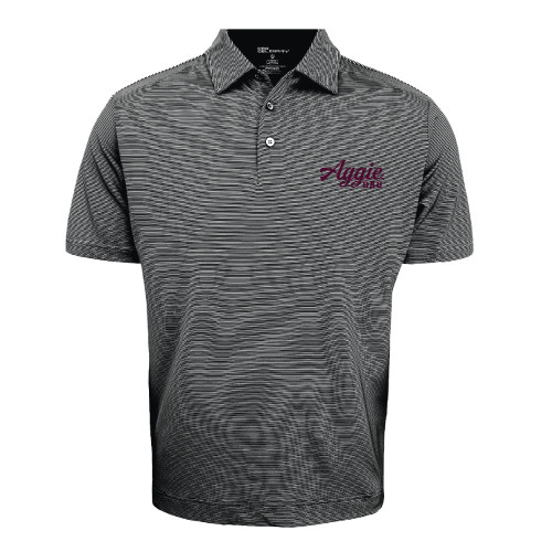 Black striped polo with maroon "AGGIE DAD" embroidered in a script font on the left chest.