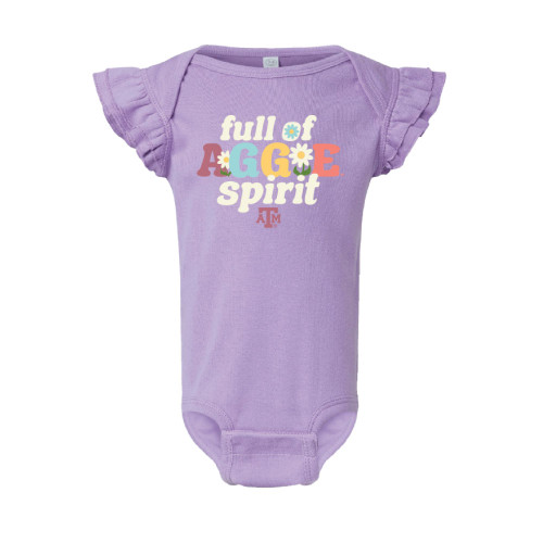 Lavender colored ruffle sleeved onesie with "Full of" in white centered over "aggie" in multicolor and flowers centered over "spirit" in white.