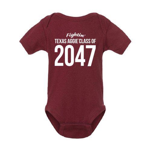 "Fightin' Texas Aggie Class of 2047" printed in white on the front of the short sleeve maroon onesie.