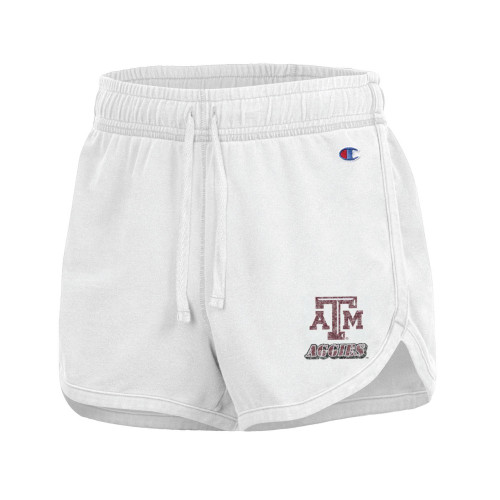 White drawstring shorts with a distressed bevel ATM logo printed on the bottom left.