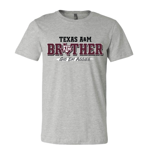 Light gray "TEXAS A&M BROTHER" t-shirt. The O in brother is replaced with the ATM in a state of Texas logo in maroon ink.