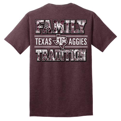 Heather maroon Texas A&M T-shirt featuring a large "Family Tradition" graphic on the back with Texas A&M imagery inside the lettering and a Texas-shaped A&M logo at the center.