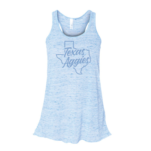 "Texas Aggies" in script font printed over a state of Texas outline in blue on the front of a heather blue marbled tank top.
