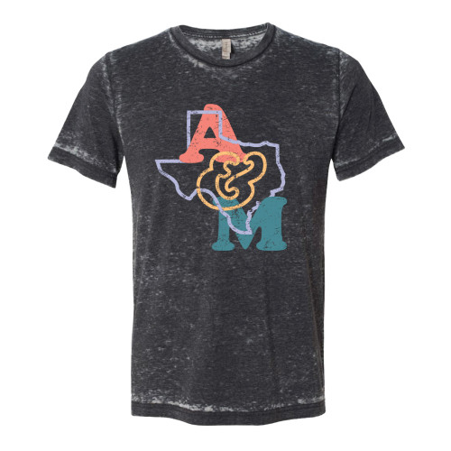 Large "A&M" in peach, yellow, and teal ink layered over a purple Texas outline on the front of an acid washed gray short sleeve t-shirt.