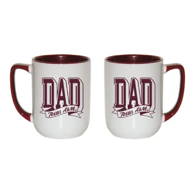 White Texas A&M Dad mug featuring a maroon interior and handle with bold “DAD” lettering and a Texas A&M script banner printed on both sides.