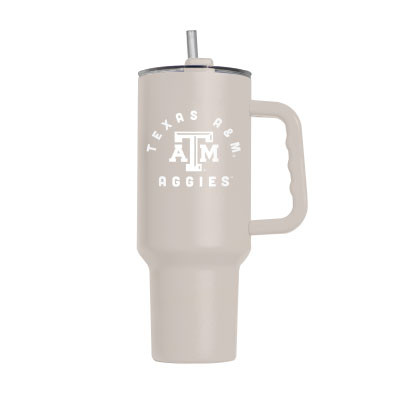 Cream Texas A&M Aggies tumbler featuring a white Texas A&M logo, "Texas A&M Aggies" lettering, side handle, lid, and reusable straw. Perfect drinkware for daily use, travel, and game days.