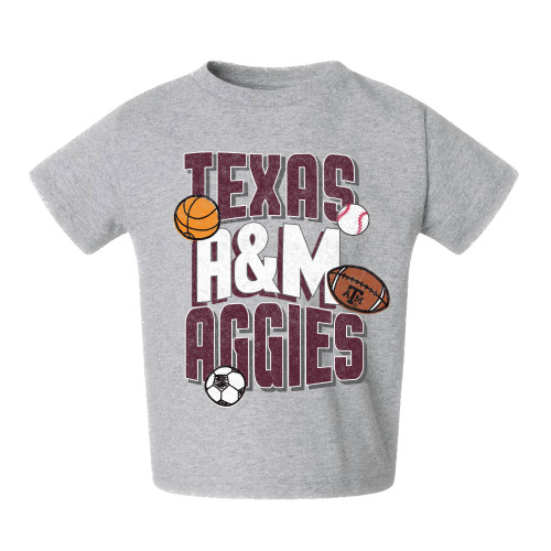 Toddler grey Texas A&M Aggies t shirt with basketball, baseball, football, and soccer graphics