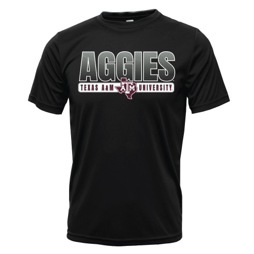 Texas A&M Aggies black active t shirt with large Aggies text Texas A&M University wording and ATM logo on front