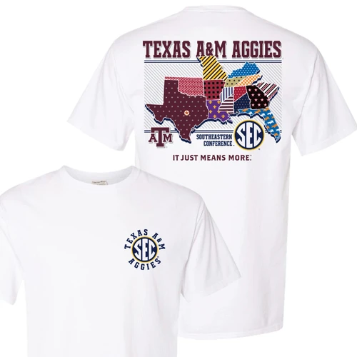 White Texas A&M T-shirt featuring a small SEC Aggies chest graphic and a colorful patterned Southeastern Conference map on the back with A&M and SEC logos.