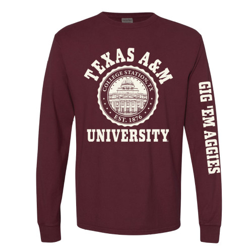 Texas A&M Aggies maroon long sleeve shirt with university seal graphic and Gig ’Em Aggies sleeve text