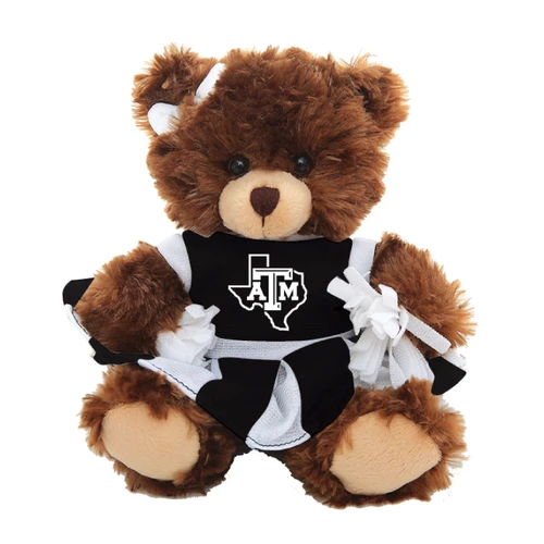 Brown Texas A&M cheer bear plush featuring soft fur, a black and white cheerleading outfit with a white Texas A&M logo inside the state of Texas, and matching pom-poms.