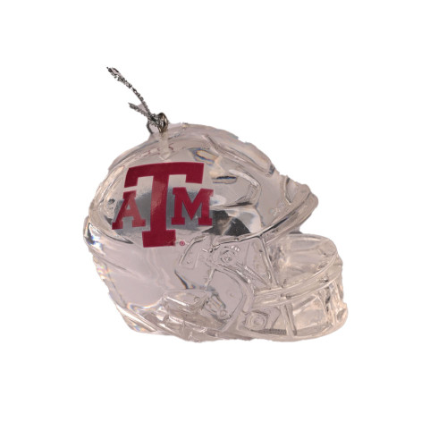 Clear Texas A&M football helmet ornament featuring red Texas A&M logo for Aggies holiday decor.