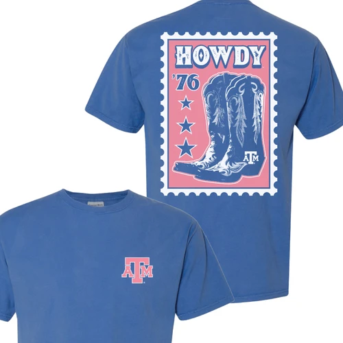 Blue Texas A&M short sleeve tee featuring a small pink and white A&M logo on the front and a postage stamp-style Howdy ’76 cowboy boots graphic with stars on the back.