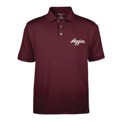 Maroon Texas A&M performance polo featuring a white "Aggies" script logo on the left chest, short sleeves, and a three-button collar. Lightweight polo for game days, work, and everyday wear.